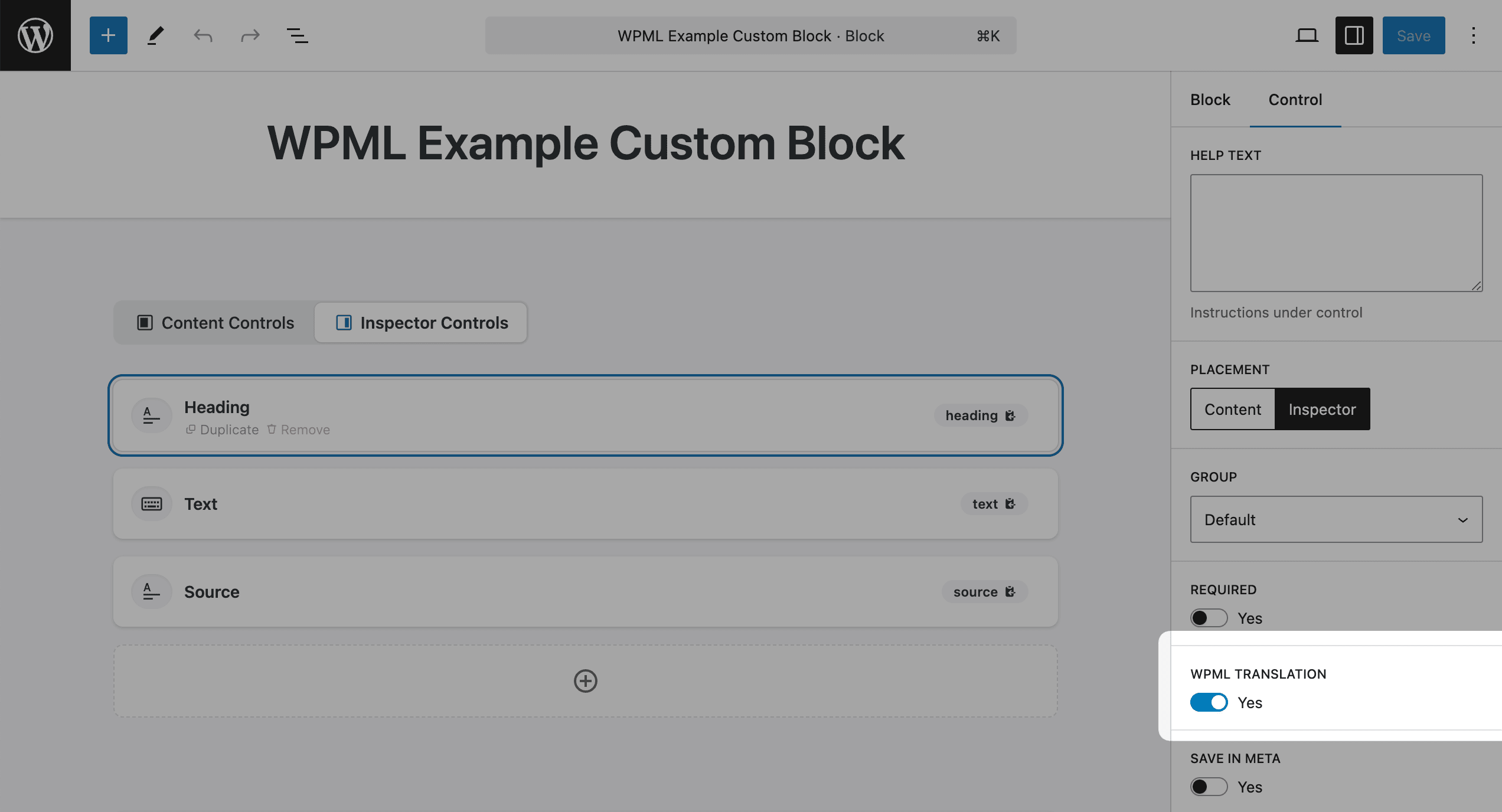 Enabling WPML translation for a control