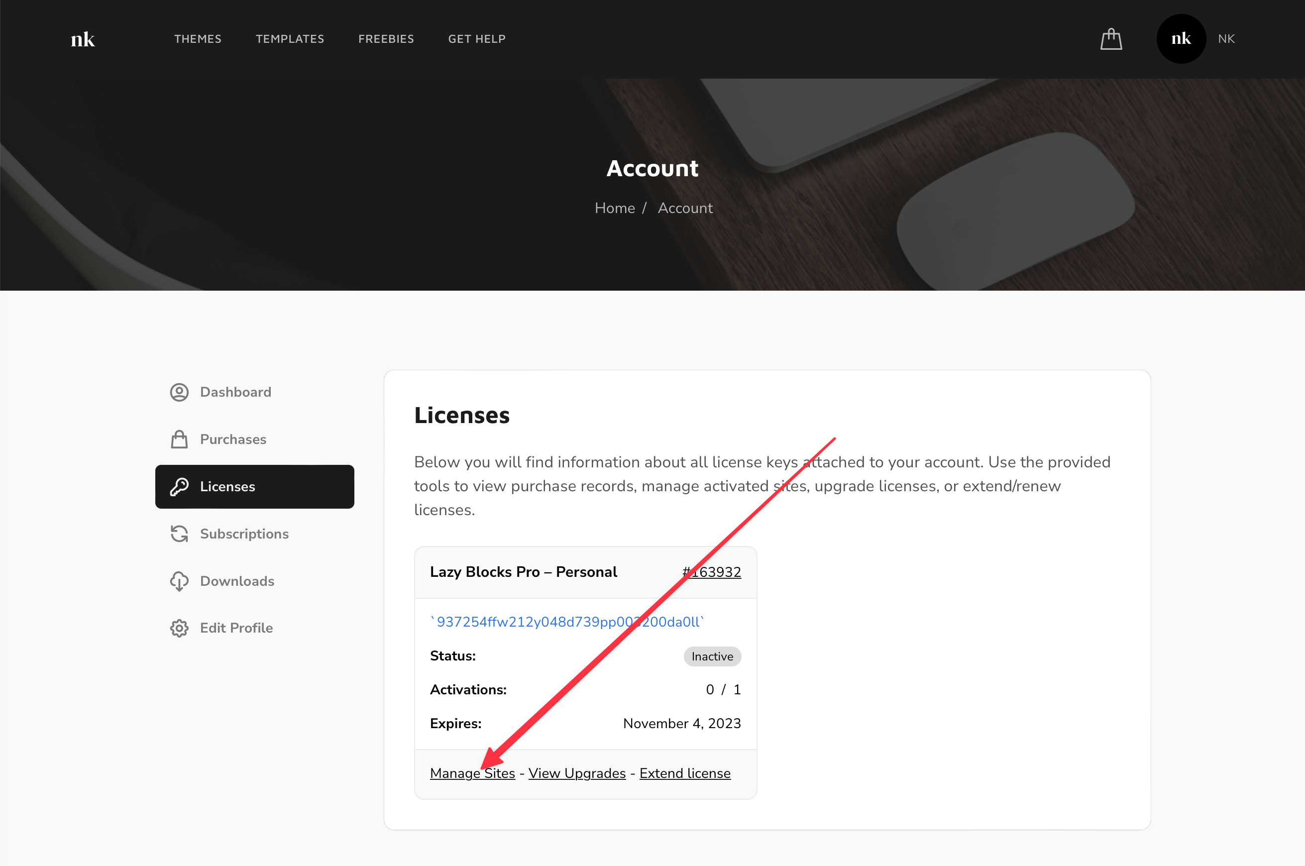 Account License Manage Sites
