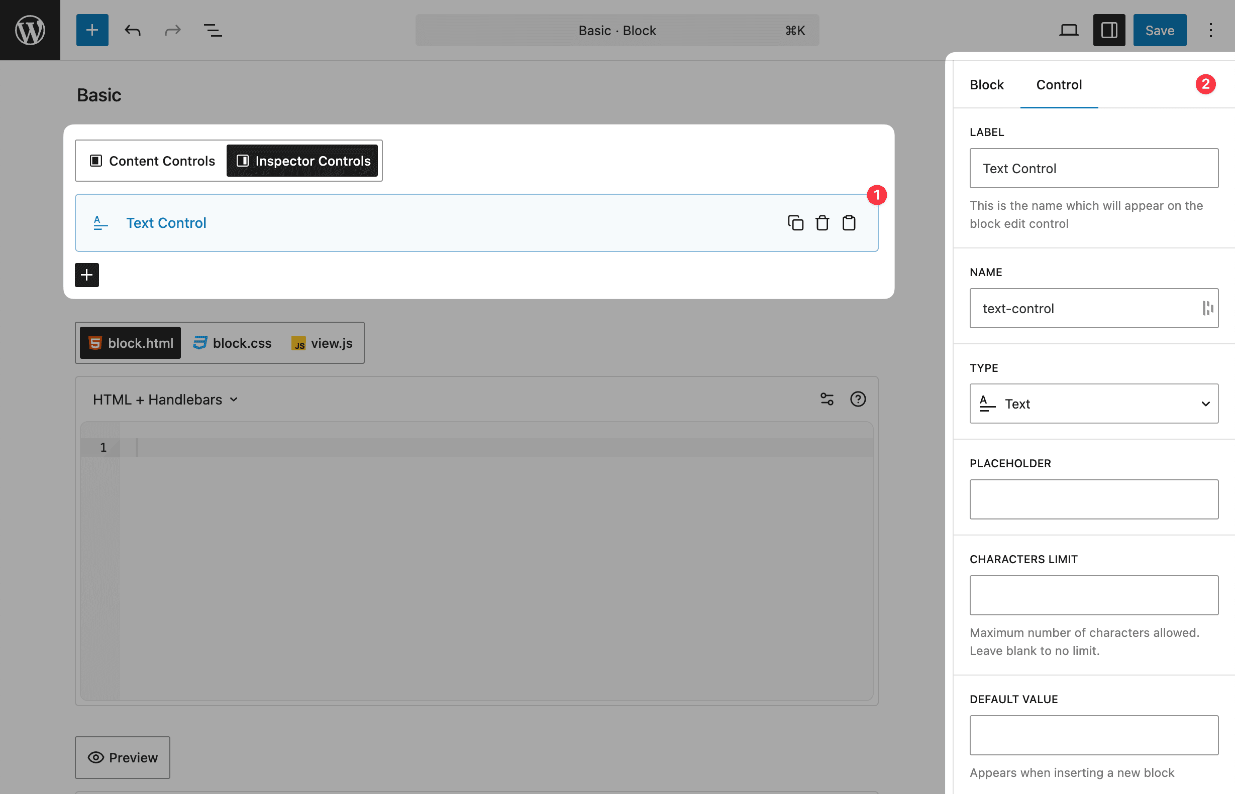 Control settings panel