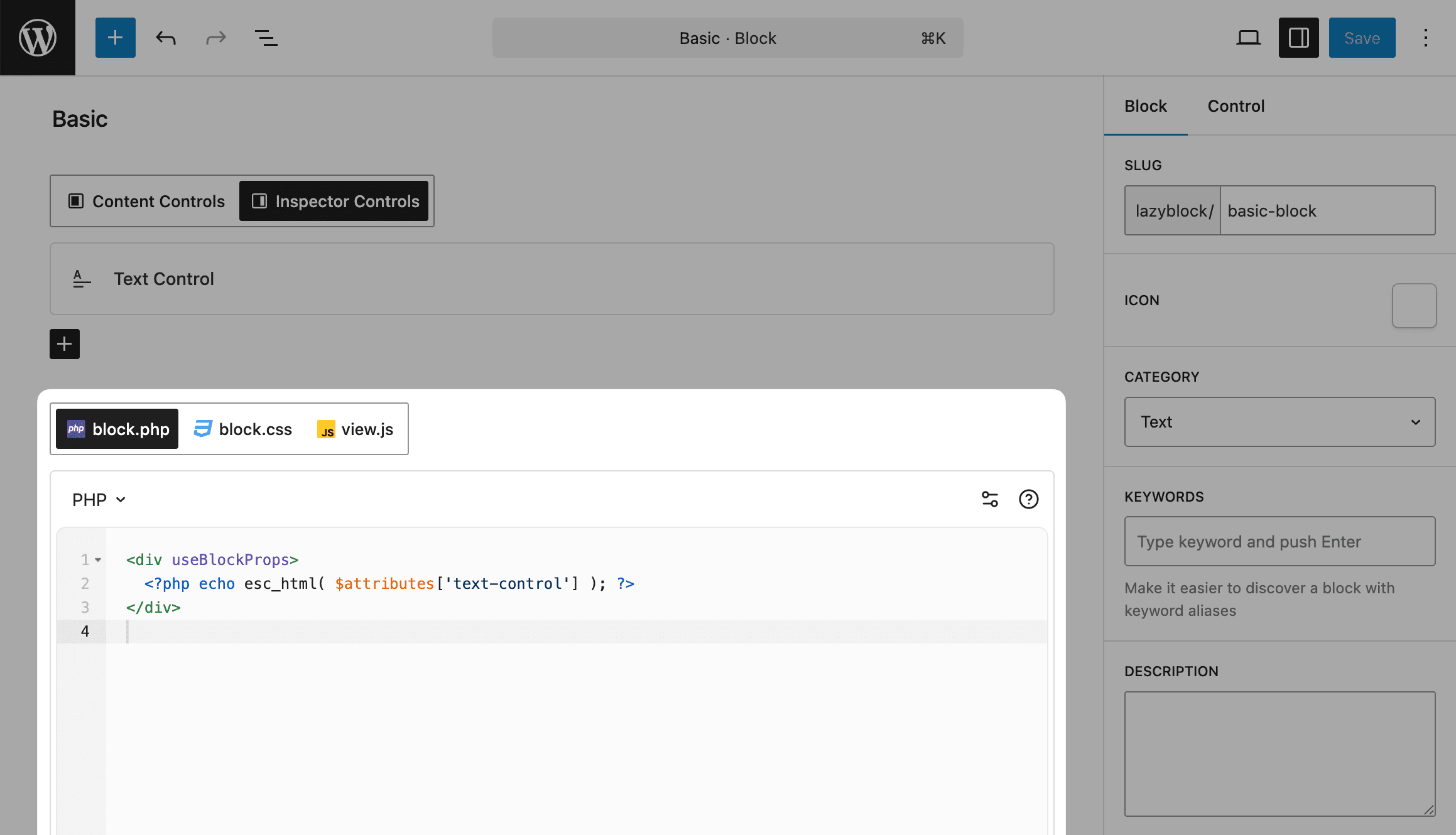 PHP code editor in block builder