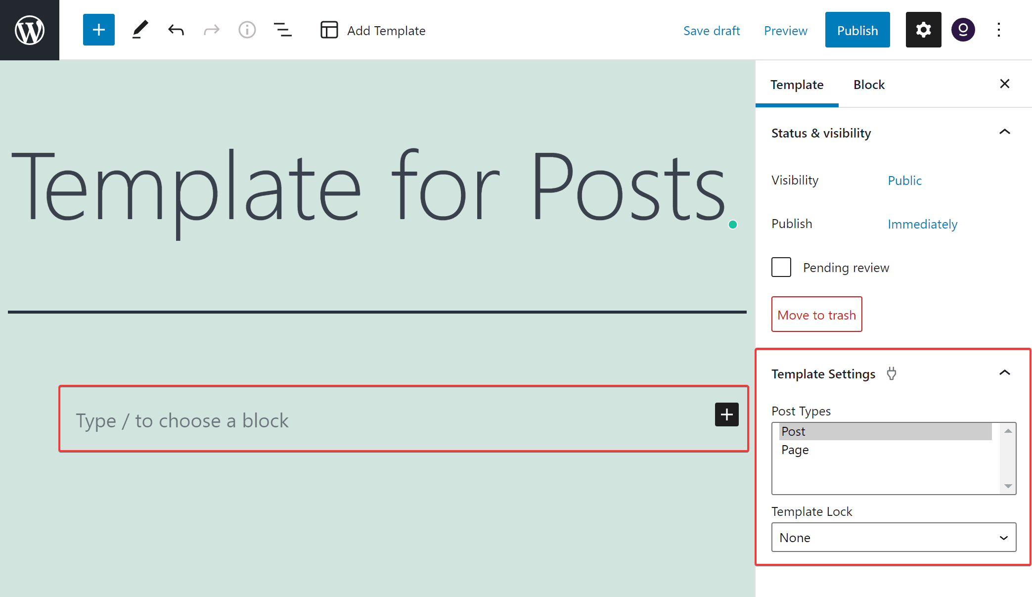 Template configuration screen