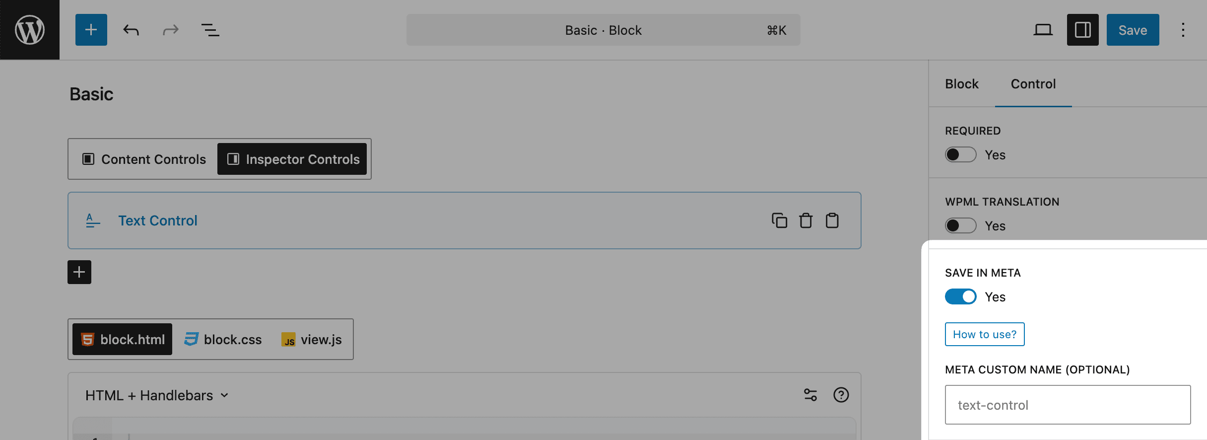 Block control custom meta field