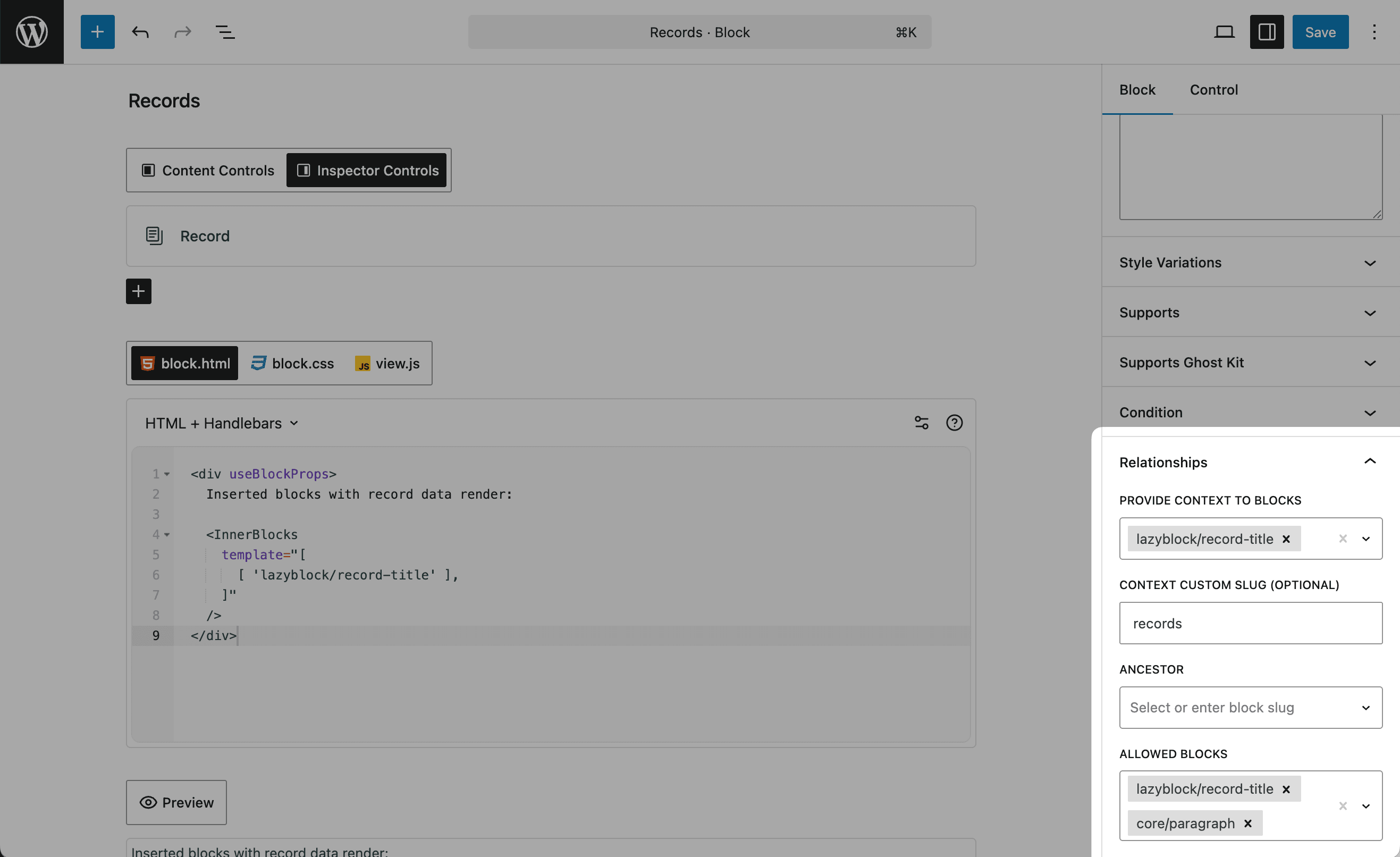 Relationships panel in Lazy Blocks editor