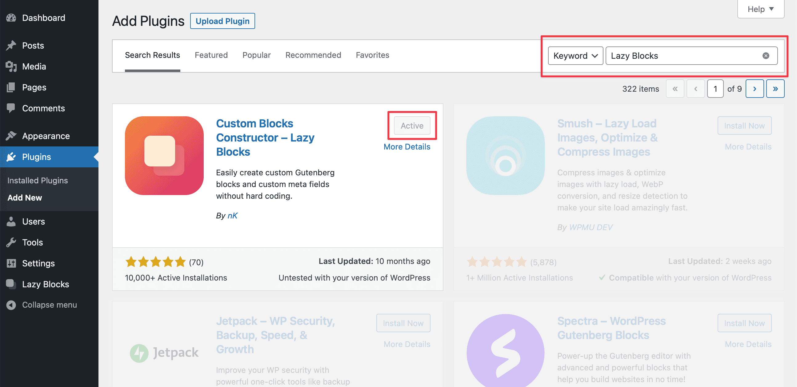 Installing Lazy Blocks through WordPress plugin directory