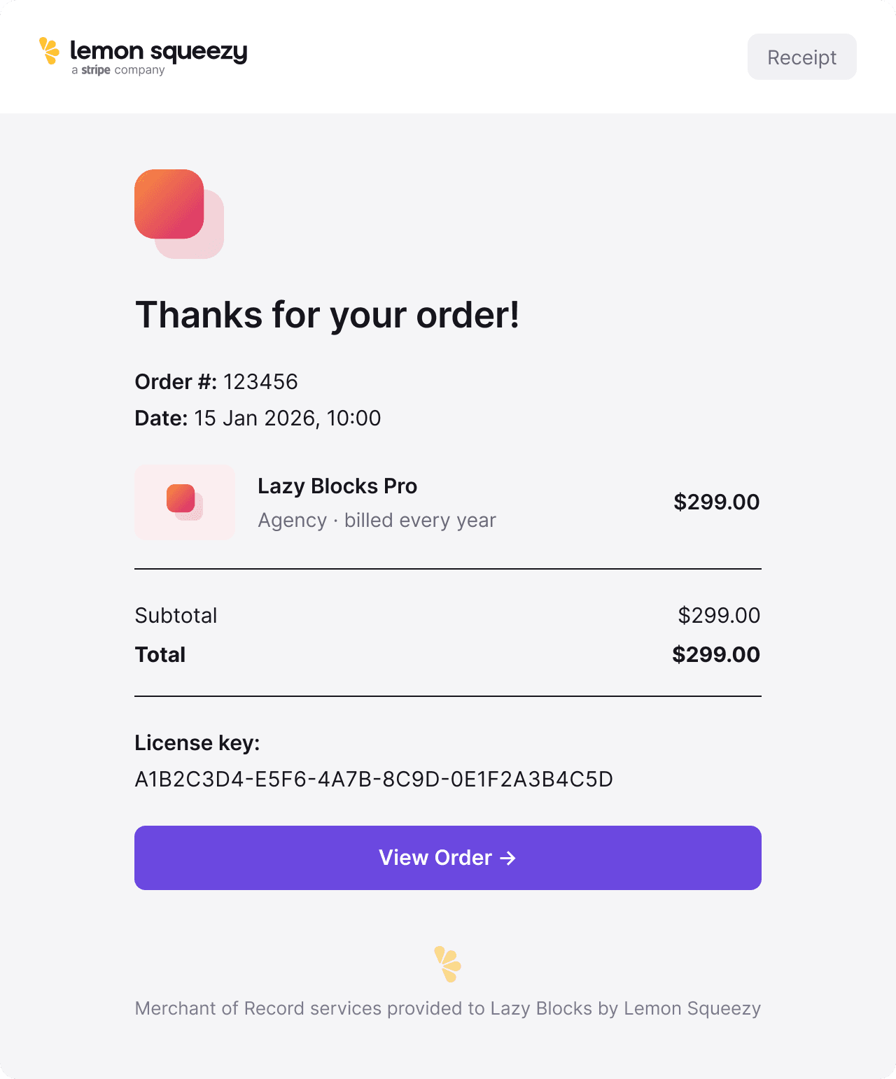 Example of a Lemon Squeezy receipt for Lazy Blocks Pro